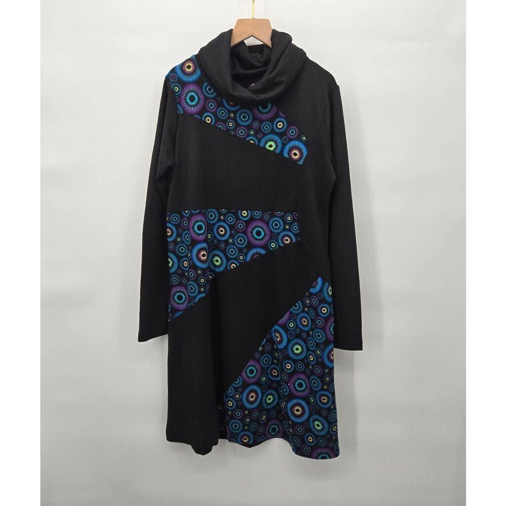 Coline Cowl Neck Dress Size Large Artsy Art to Wear Black Blue Long Sleeve